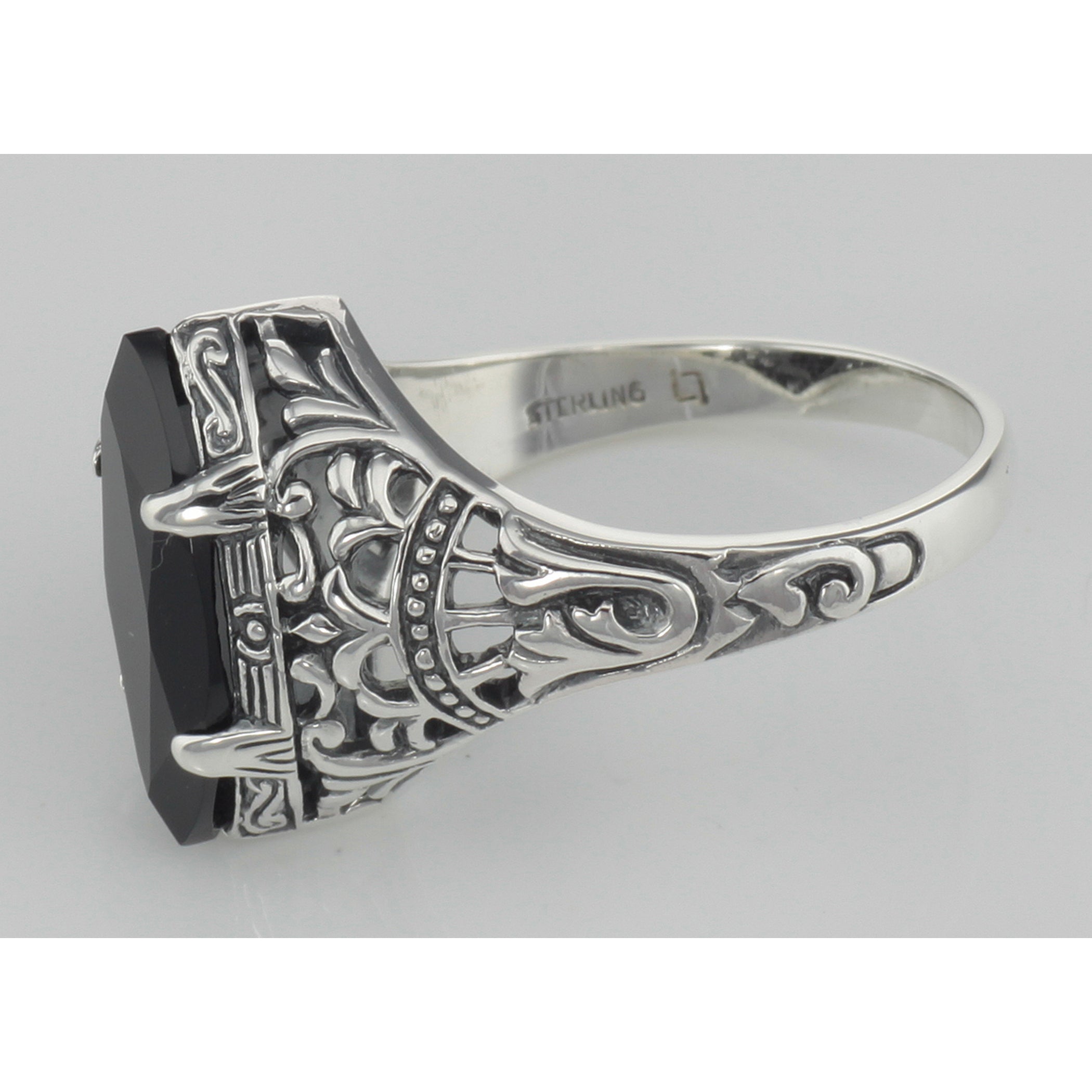 Back view of Antique Victorian Style Black Onyx Filigree Ring showing 925 sterling silver hallmark