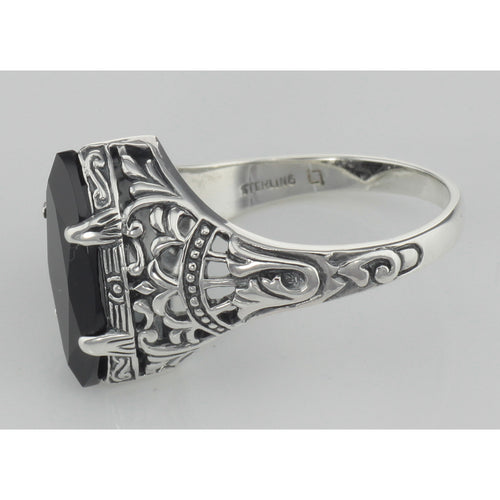 Back view of Antique Victorian Style Black Onyx Filigree Ring showing 925 sterling silver hallmark