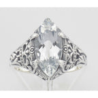 Detail view of Victorian Style White Topaz Filigree Ring highlighting White Topaz