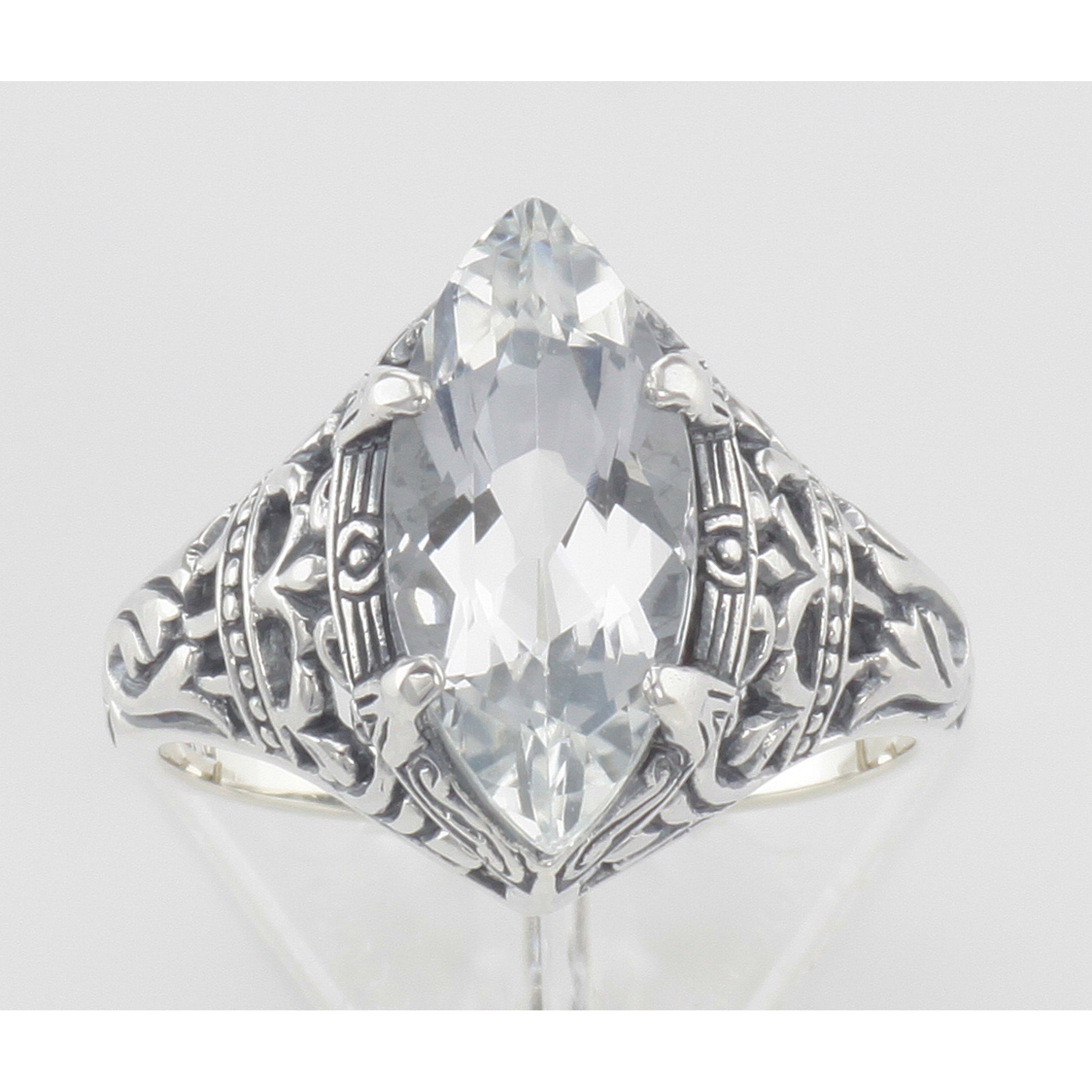 Detail view of Victorian Style White Topaz Filigree Ring highlighting White Topaz