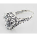 Back view of Victorian Style White Topaz Filigree Ring showing 925 sterling silver hallmark
