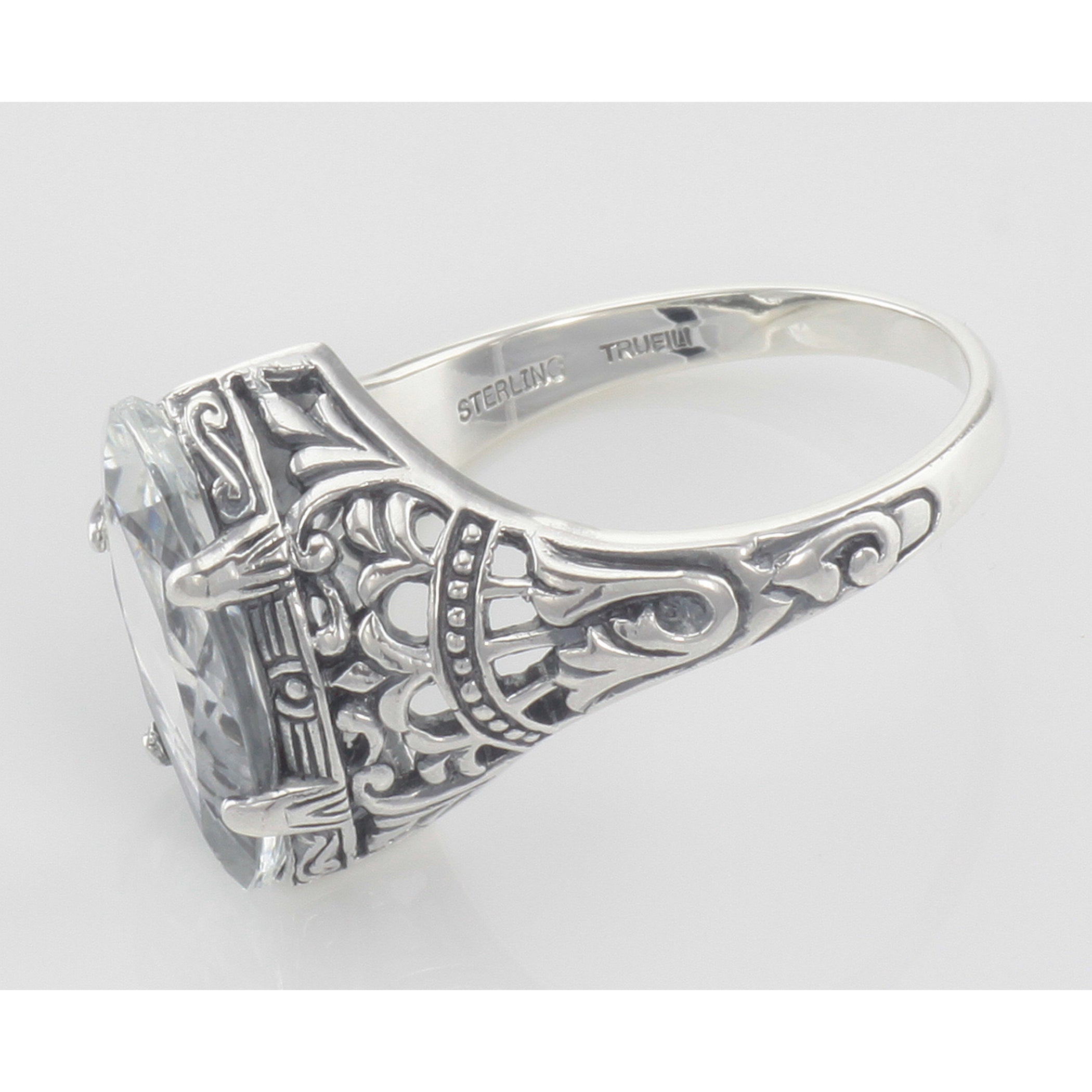 Back view of Victorian Style White Topaz Filigree Ring showing 925 sterling silver hallmark