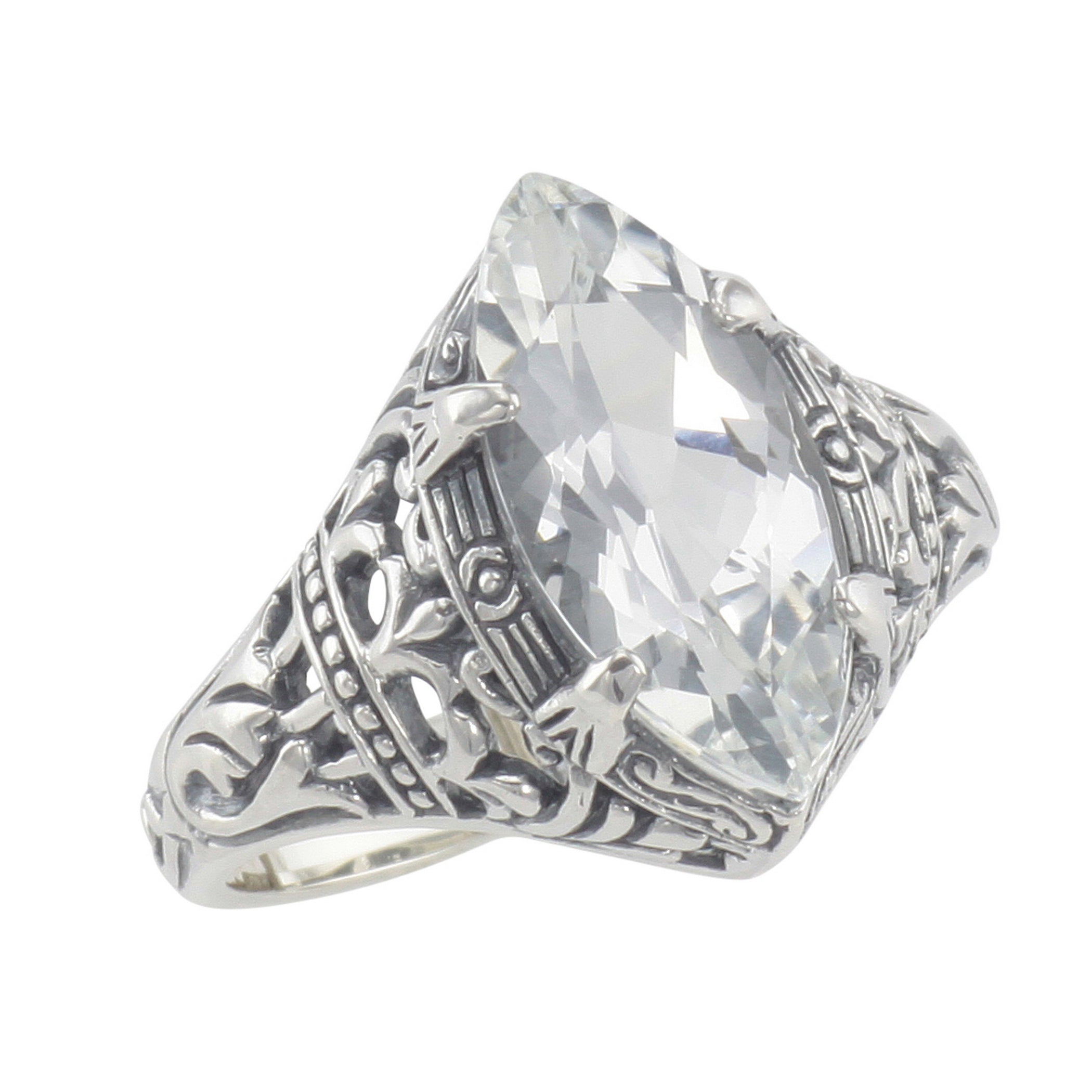 Victorian style, White Topaz, sterling silver rings, front view