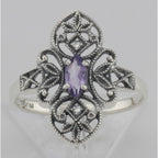 Detail view of Victorian Style Amethyst Filigree Ring with Two Diamonds highlighting Amethyst, Diamond
