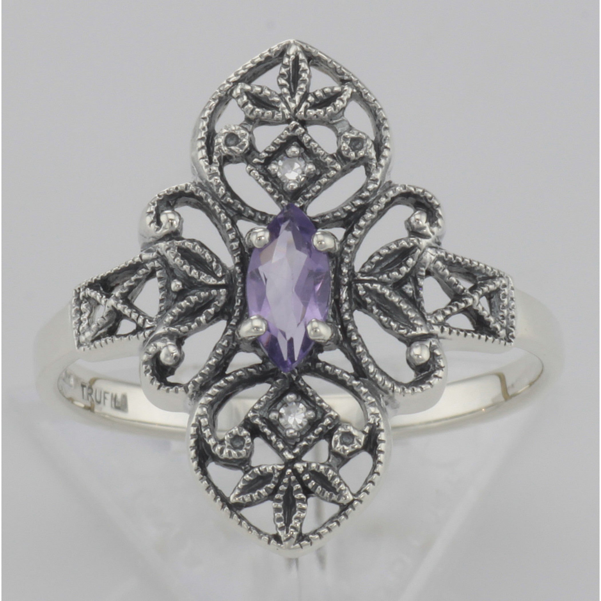 Detail view of Victorian Style Amethyst Filigree Ring with Two Diamonds highlighting Amethyst, Diamond