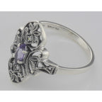 Back view of Victorian Style Amethyst Filigree Ring with Two Diamonds showing 925 sterling silver hallmark