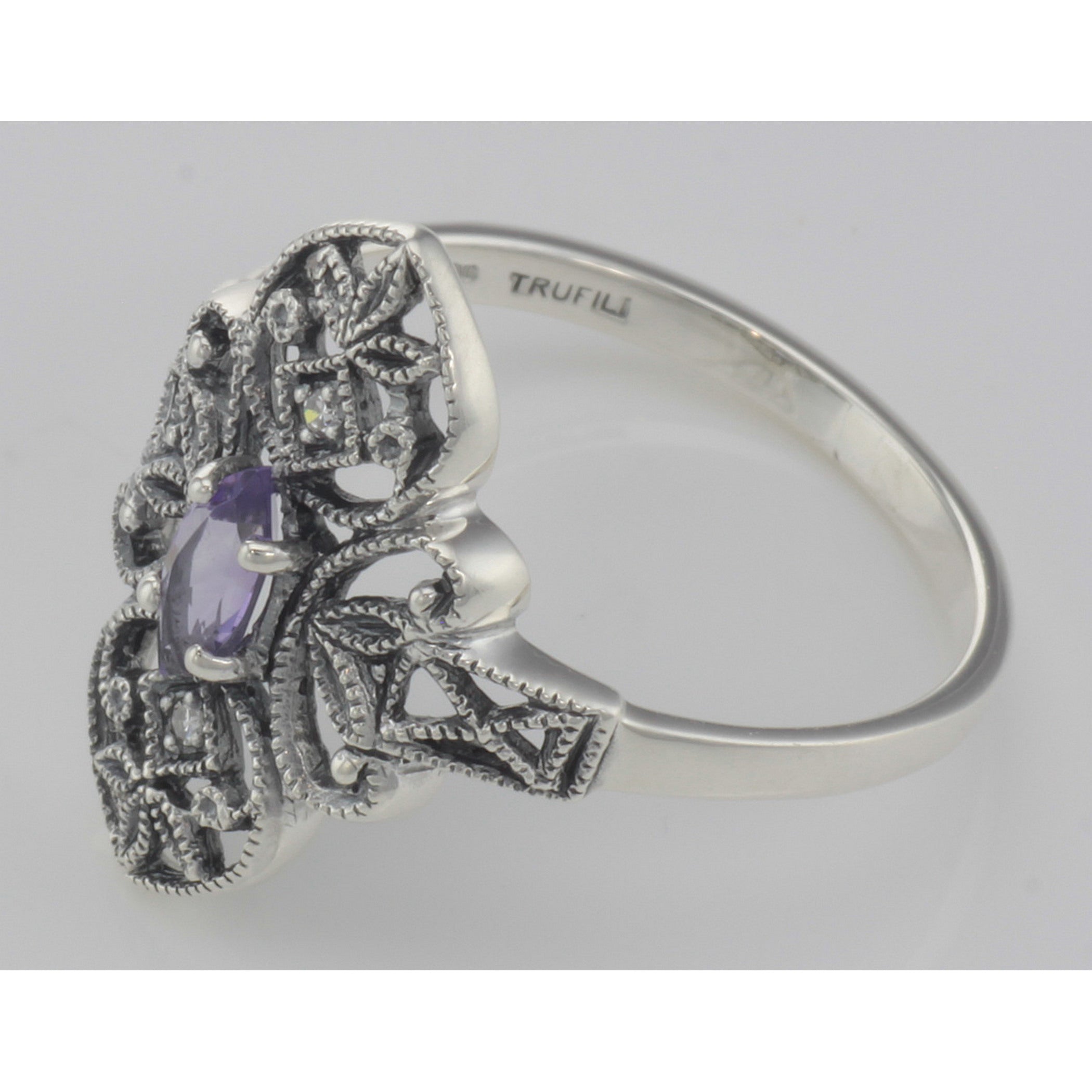 Back view of Victorian Style Amethyst Filigree Ring with Two Diamonds showing 925 sterling silver hallmark