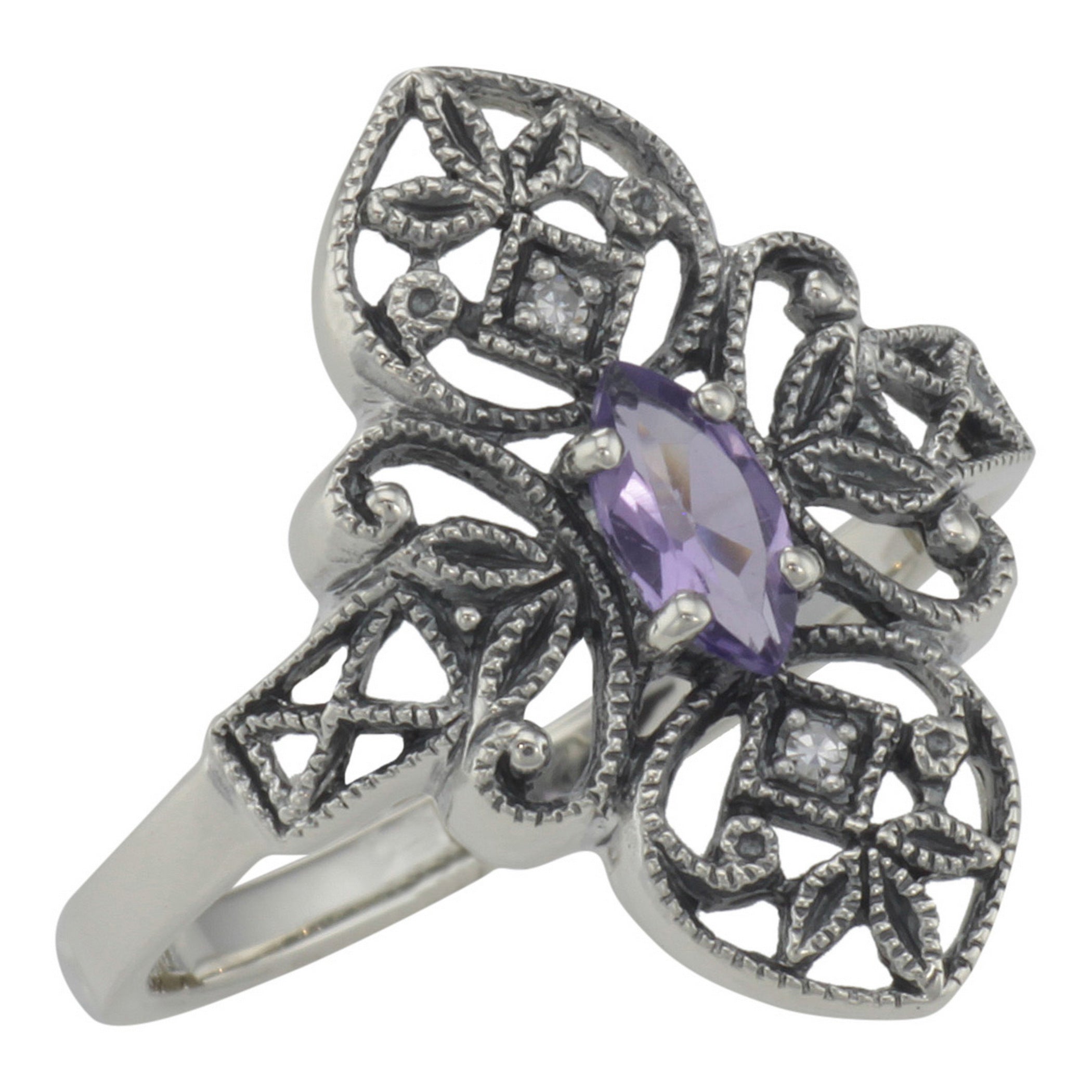 Victorian style, Amethyst, Diamond, sterling silver rings, front view
