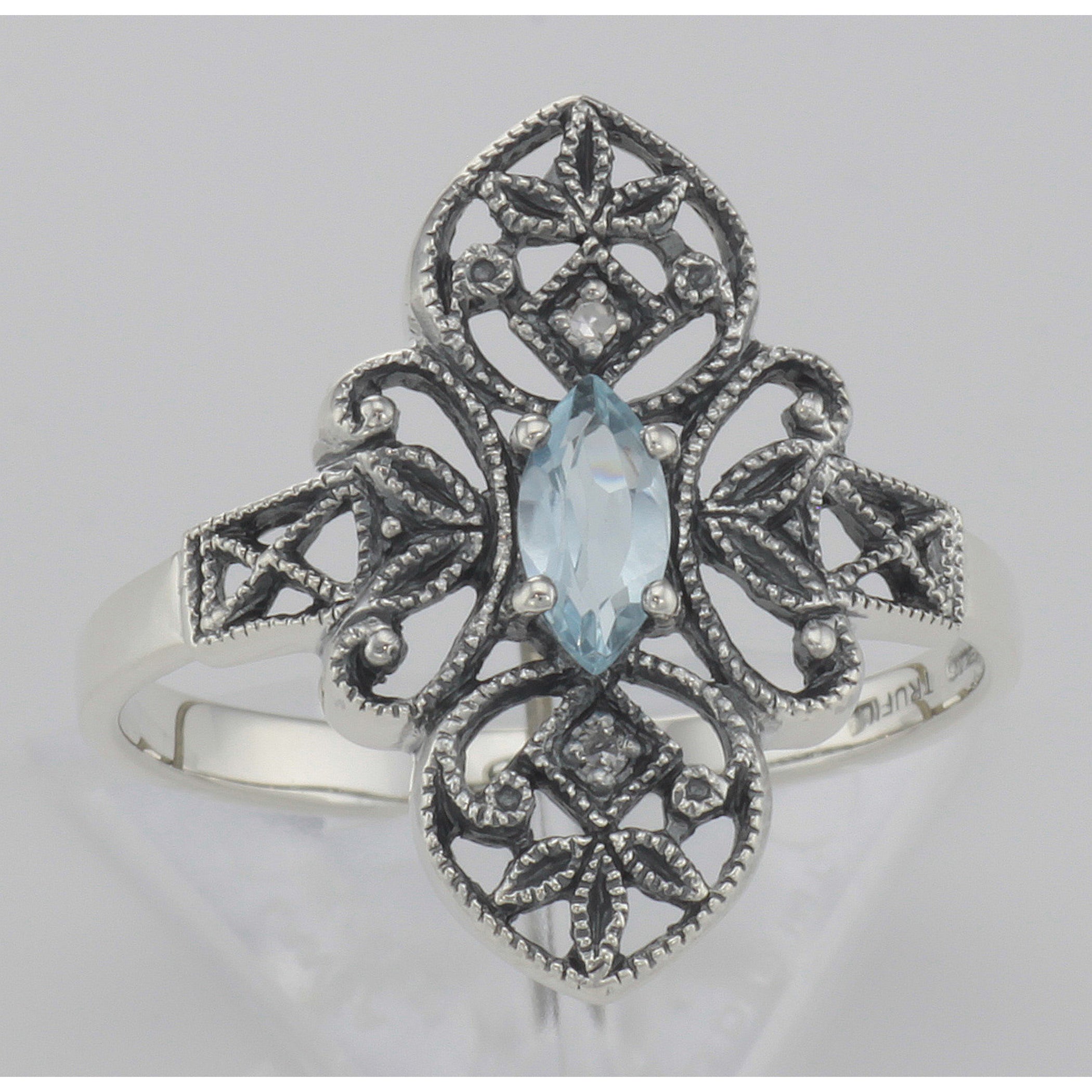 Detail view of Victorian Style Blue Topaz Filigree Ring with Two Diamonds Sterling Silver highlighting Blue Topaz, Diamond
