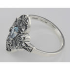 Back view of Victorian Style Blue Topaz Filigree Ring with Two Diamonds Sterling Silver showing 925 sterling silver hallmark