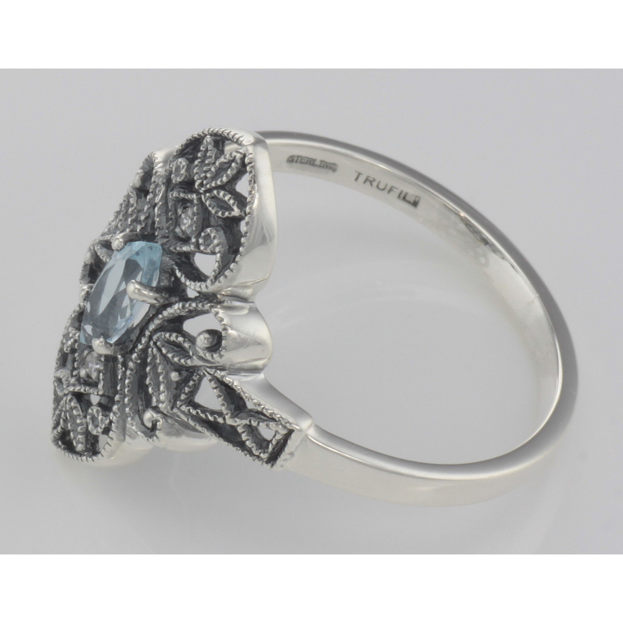 Back view of Victorian Style Blue Topaz Filigree Ring with Two Diamonds Sterling Silver showing 925 sterling silver hallmark