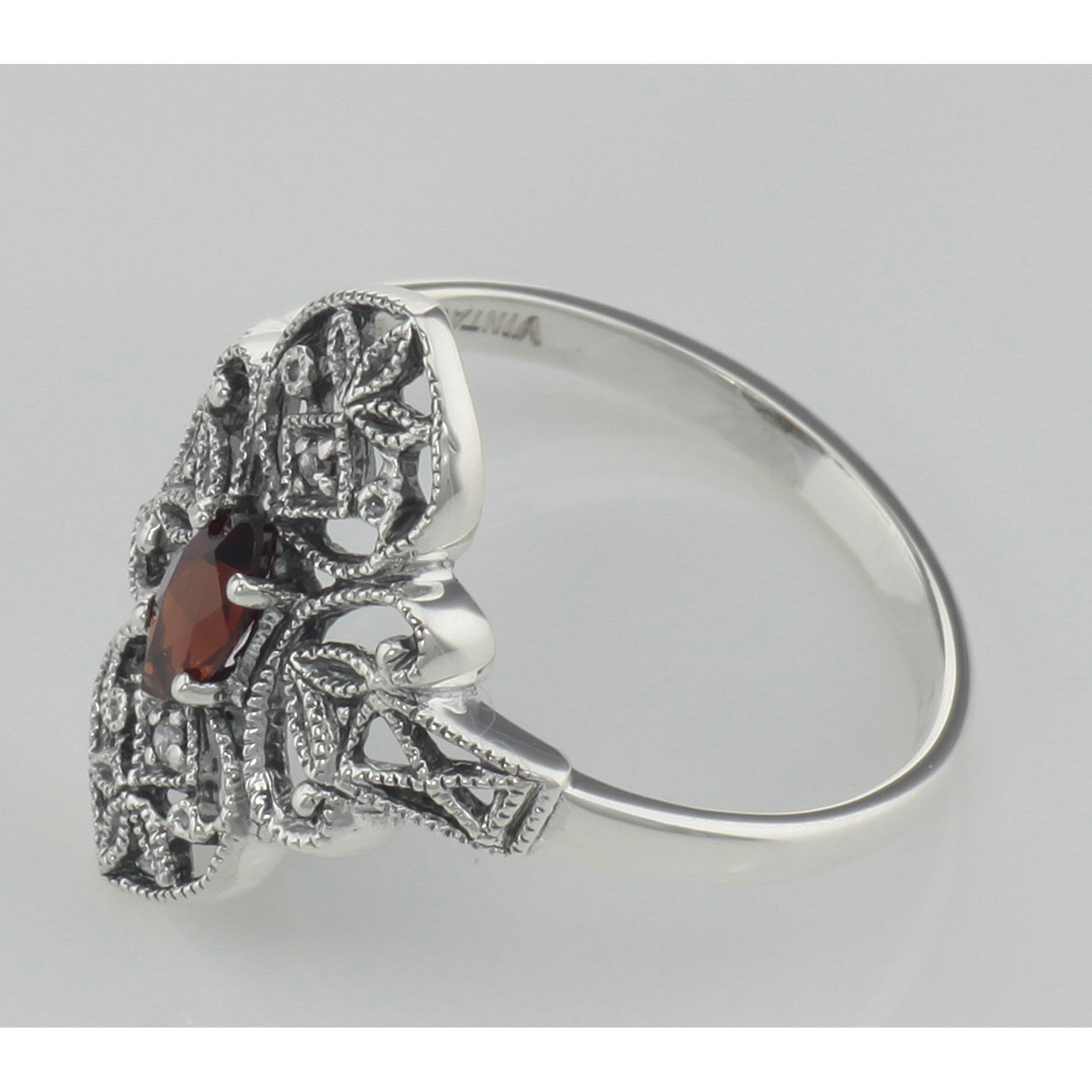 Back view of Victorian Style Garnet Filigree Ring w/ Two Diamonds Sterling Silver showing 925 sterling silver hallmark