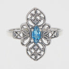 Detail view of Victorian Style London Blue Topaz Ring w/ 2 Diamonds highlighting Blue Topaz, London Blue Topaz