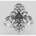Detail view of Victorian Style Onyx Filigree Ring with Two Diamonds highlighting Diamond, Onyx