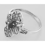 Back view of Victorian Style Onyx Filigree Ring with Two Diamonds showing 925 sterling silver hallmark