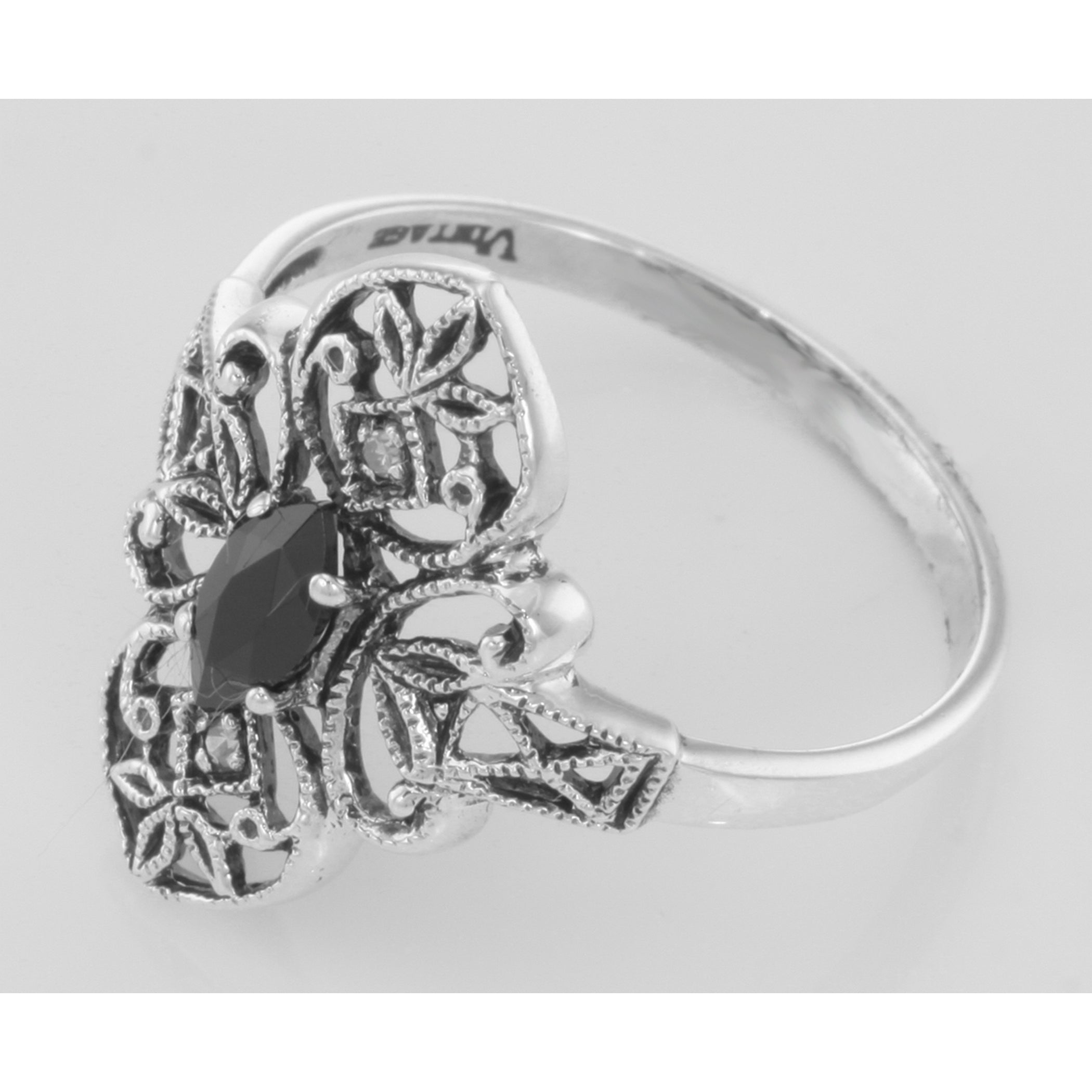 Back view of Victorian Style Onyx Filigree Ring with Two Diamonds showing 925 sterling silver hallmark