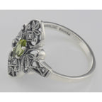 Back view of Victorian Style Peridot Filigree Ring with Two Diamonds showing 925 sterling silver hallmark