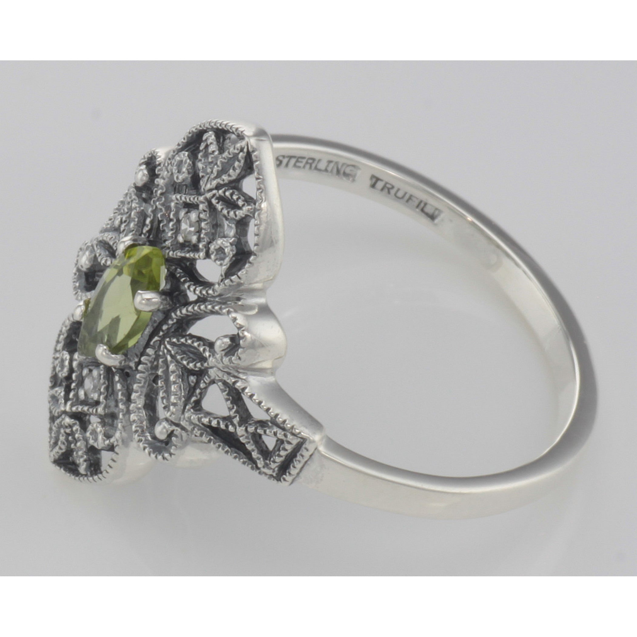 Back view of Victorian Style Peridot Filigree Ring with Two Diamonds showing 925 sterling silver hallmark