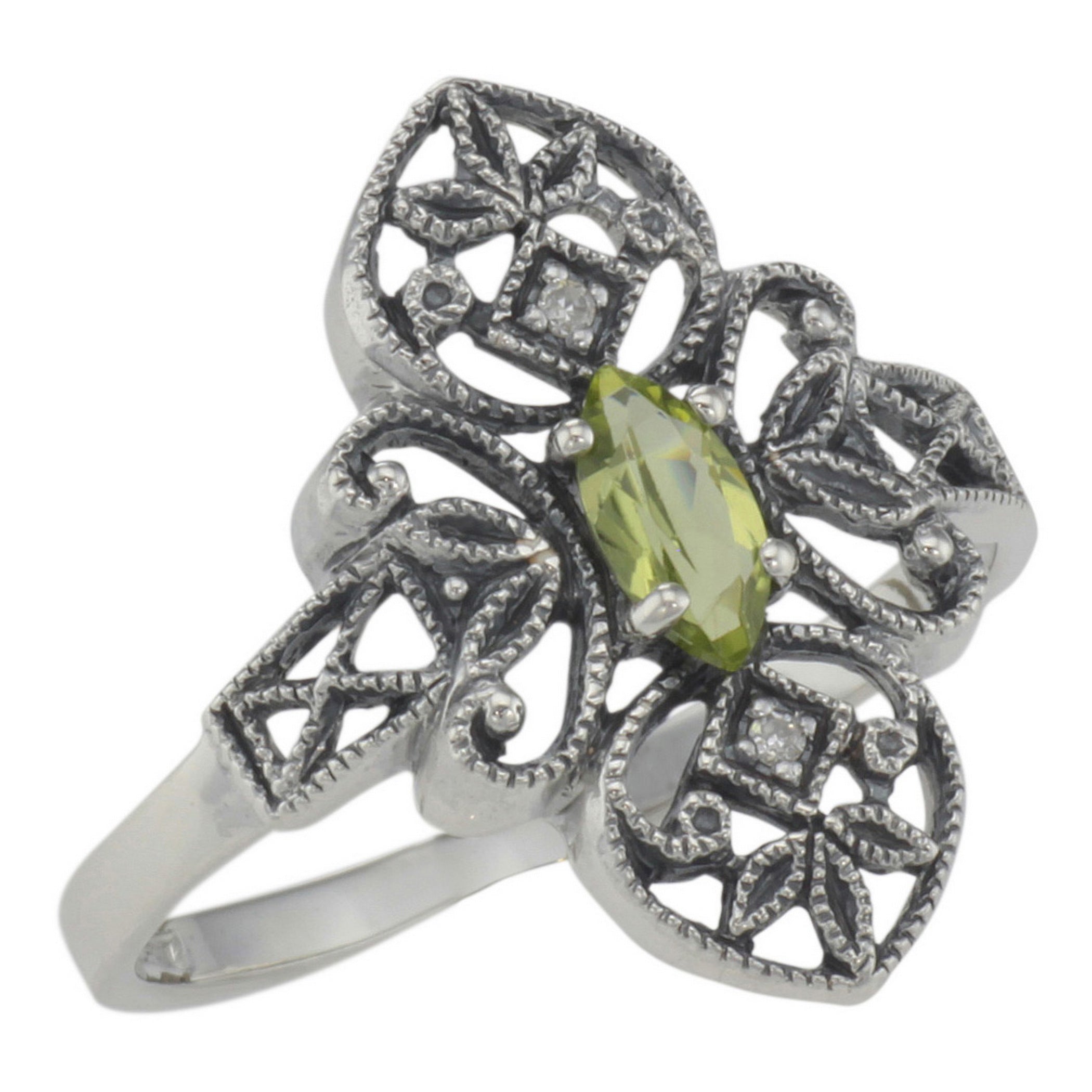 Victorian style, Diamond, Peridot, sterling silver rings, front view