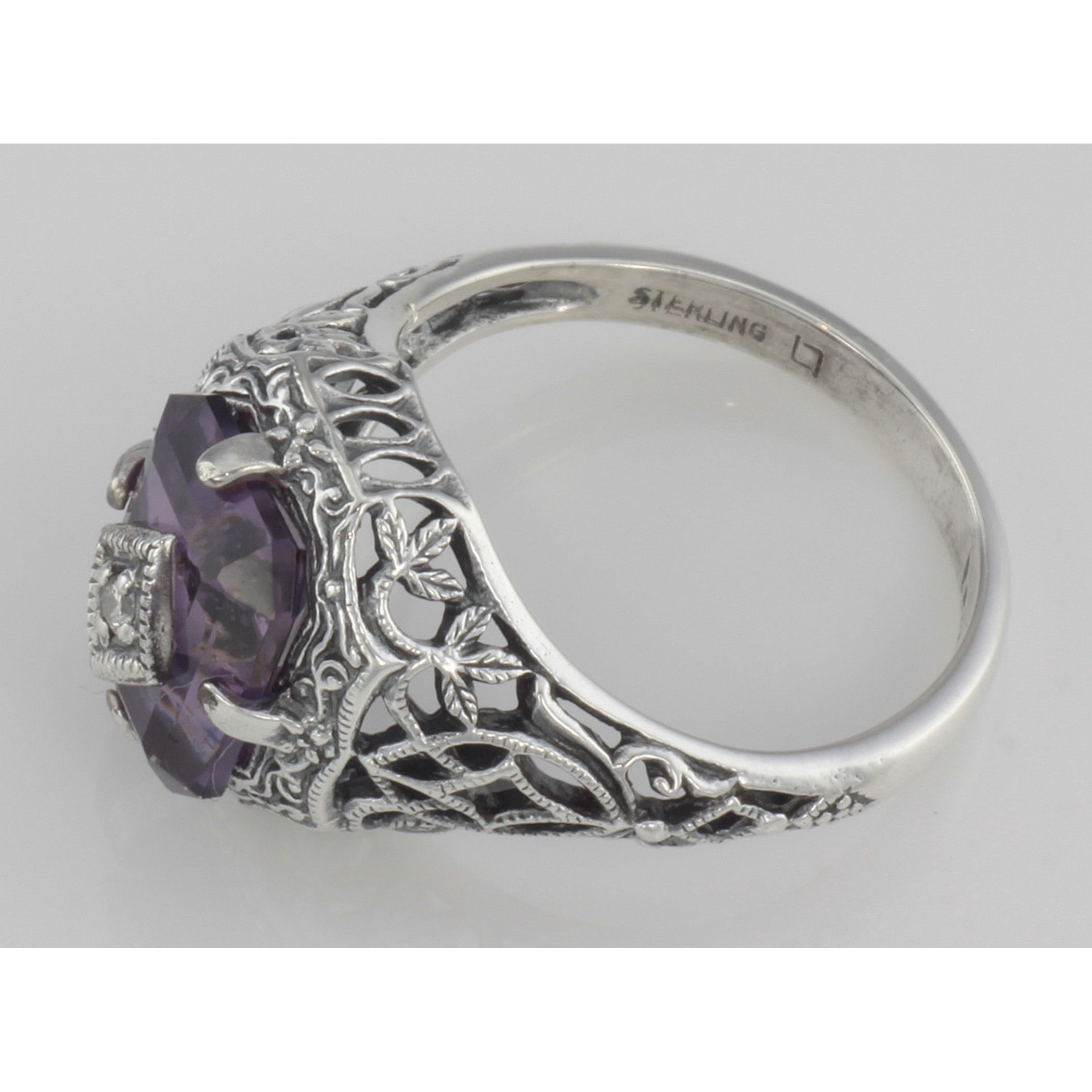 Back view of Art Deco Style Emerald Cut Amethyst Filigree Ring Diamond Sterling Silver showing 925 sterling silver hallmark