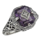 Art Deco style, Amethyst, Emerald, sterling silver rings, front view