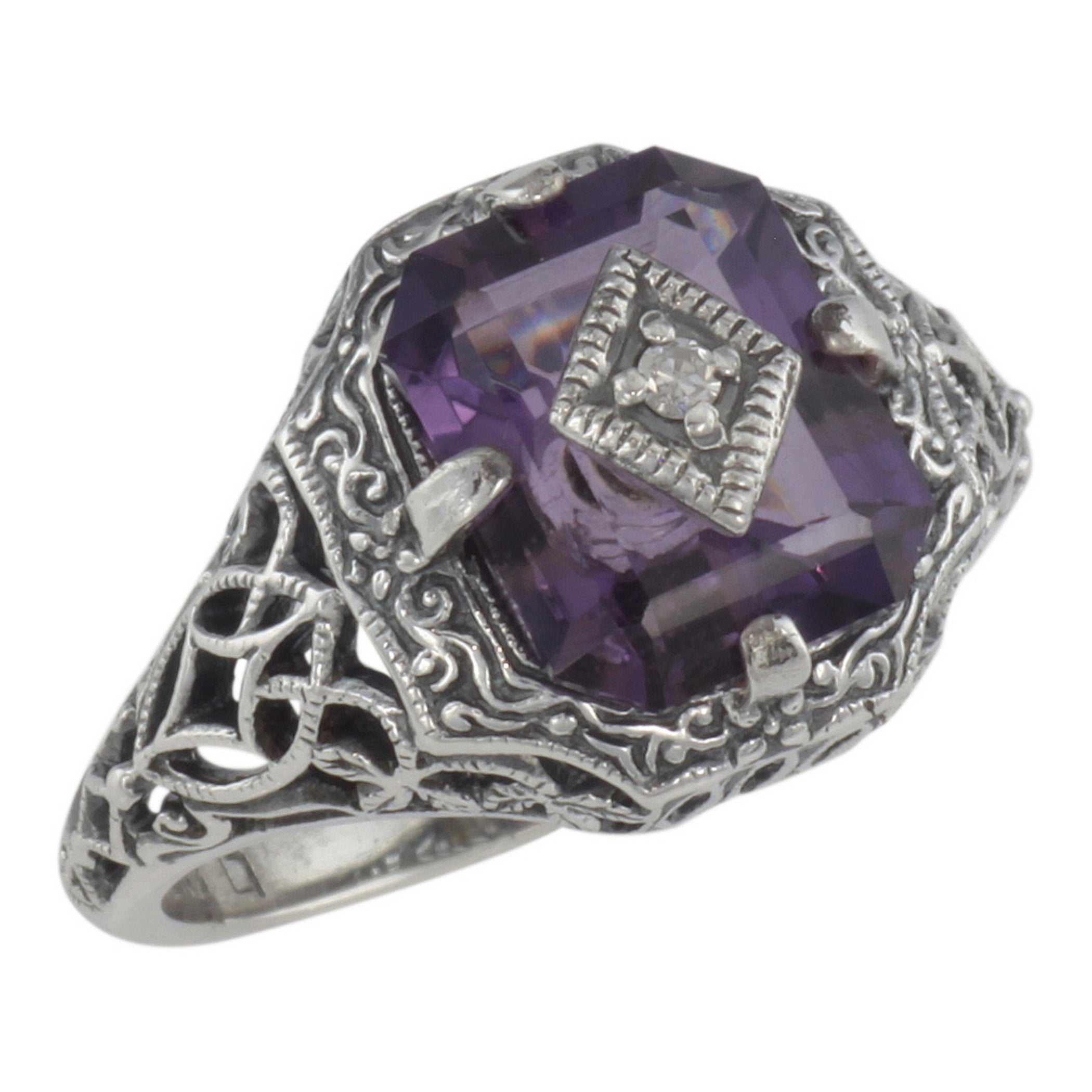 Art Deco style, Amethyst, Emerald, sterling silver rings, front view