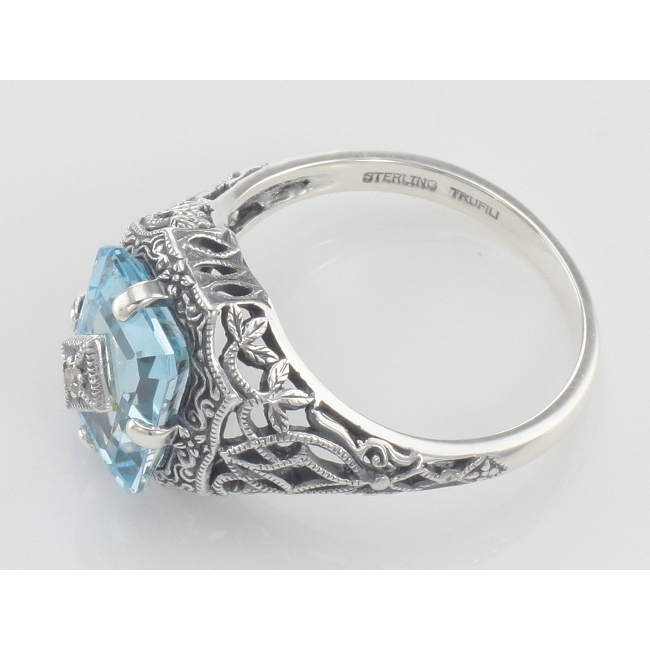 Detail view of Art Deco Emerald Cut Blue Topaz Filigree Ring Diamond Sterling Silver highlighting Blue Topaz, Emerald