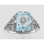 Back view of Art Deco Emerald Cut Blue Topaz Filigree Ring Diamond Sterling Silver showing 925 sterling silver hallmark