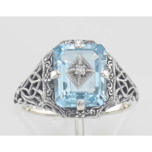 Back view of Art Deco Emerald Cut Blue Topaz Filigree Ring Diamond Sterling Silver showing 925 sterling silver hallmark