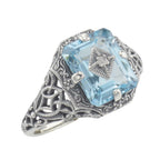 Art Deco style, Blue Topaz, Emerald, sterling silver rings, front view