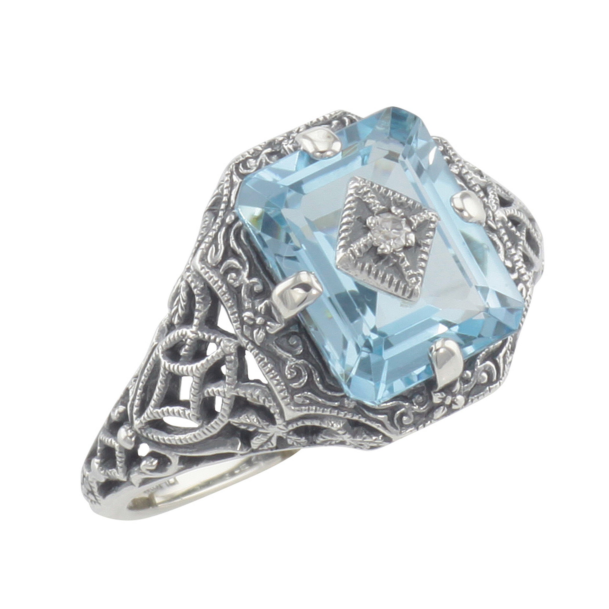 Art Deco style, Blue Topaz, Emerald, sterling silver rings, front view