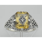 Detail view of Victorian Style Golden Citrine Filigree Diamond Ring Sterling Silver highlighting Citrine, Diamond