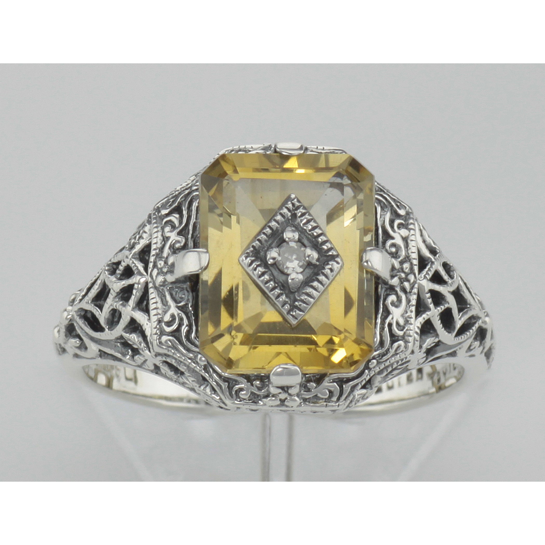 Detail view of Victorian Style Golden Citrine Filigree Diamond Ring Sterling Silver highlighting Citrine, Diamond