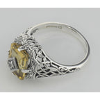 Back view of Victorian Style Golden Citrine Filigree Diamond Ring Sterling Silver showing 925 sterling silver hallmark