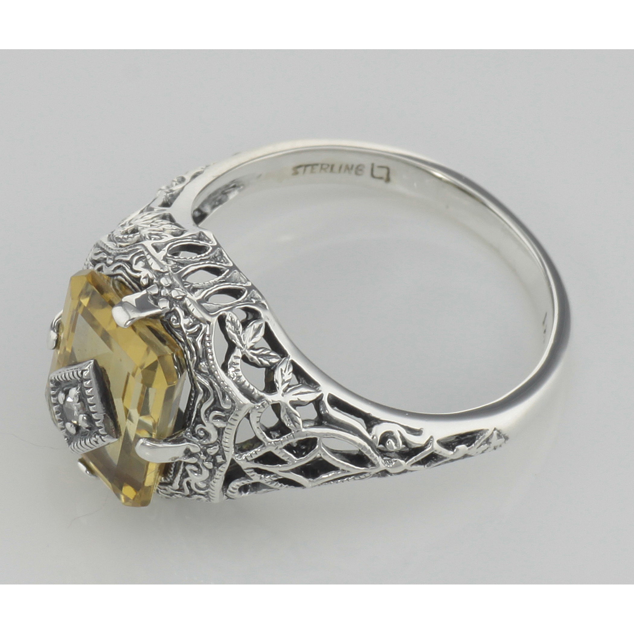 Back view of Victorian Style Golden Citrine Filigree Diamond Ring Sterling Silver showing 925 sterling silver hallmark