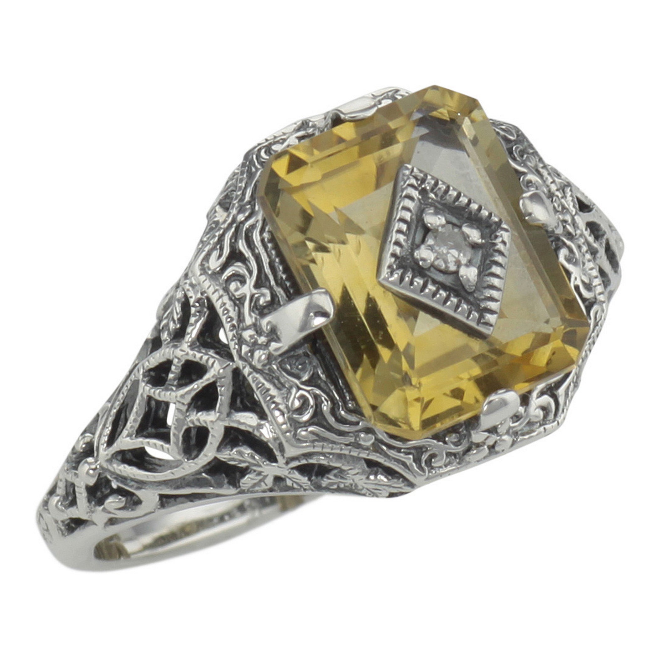Victorian style, Citrine, Diamond, sterling silver rings, front view