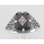 Detail view of Art Deco Style Emerald Cut Garnet Filigree Ring w/ Diamond Sterling Silver highlighting Garnet, Emerald