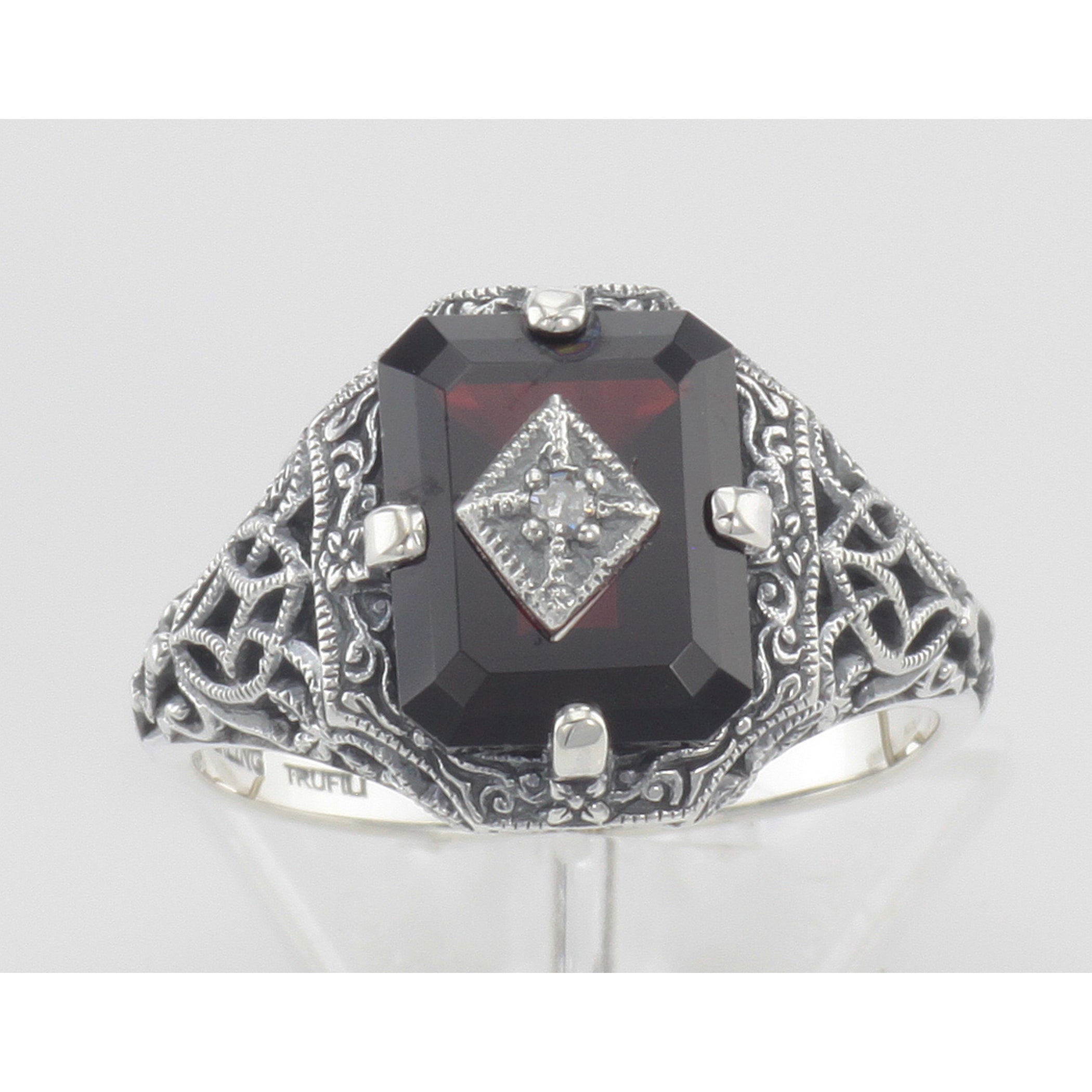 Detail view of Art Deco Style Emerald Cut Garnet Filigree Ring w/ Diamond Sterling Silver highlighting Garnet, Emerald