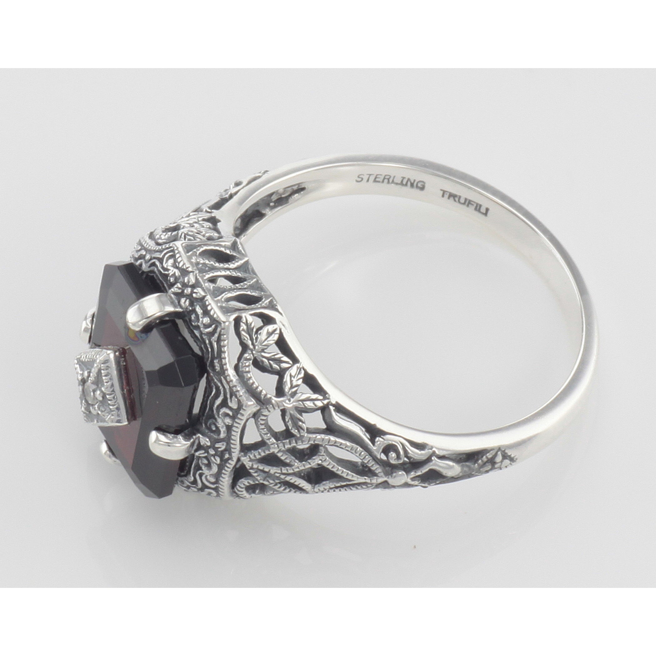 Back view of Art Deco Style Emerald Cut Garnet Filigree Ring w/ Diamond Sterling Silver showing 925 sterling silver hallmark