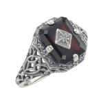 Art Deco style, Garnet, Emerald, sterling silver rings, front view