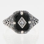 Back view of Black Onyx Filigree Ring w/ Diamond Art Deco Style showing 925 sterling silver hallmark