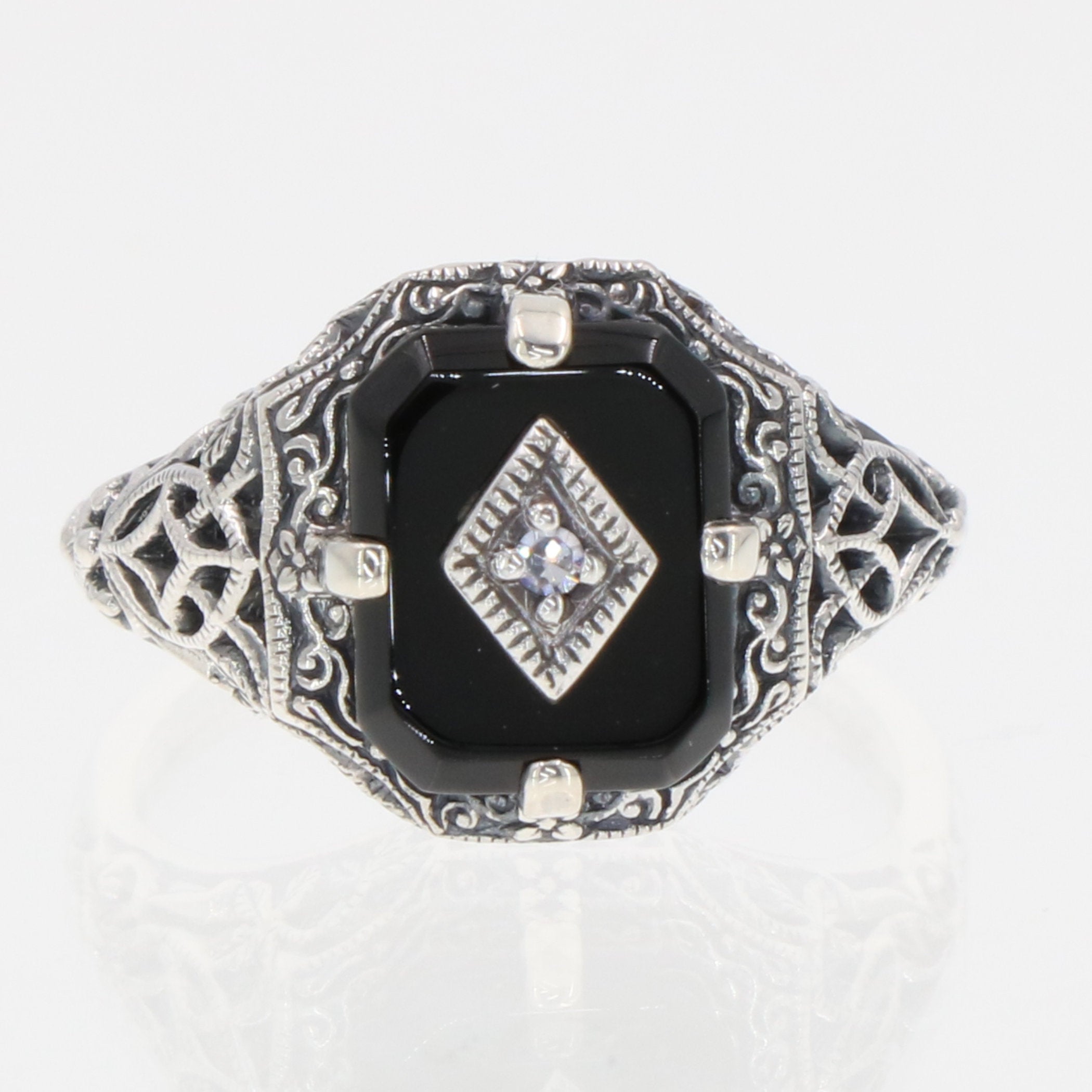 Back view of Black Onyx Filigree Ring w/ Diamond Art Deco Style showing 925 sterling silver hallmark