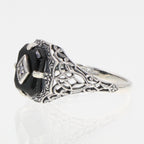 Detail view of Black Onyx Filigree Ring w/ Diamond Art Deco Style highlighting Diamond, Black Onyx