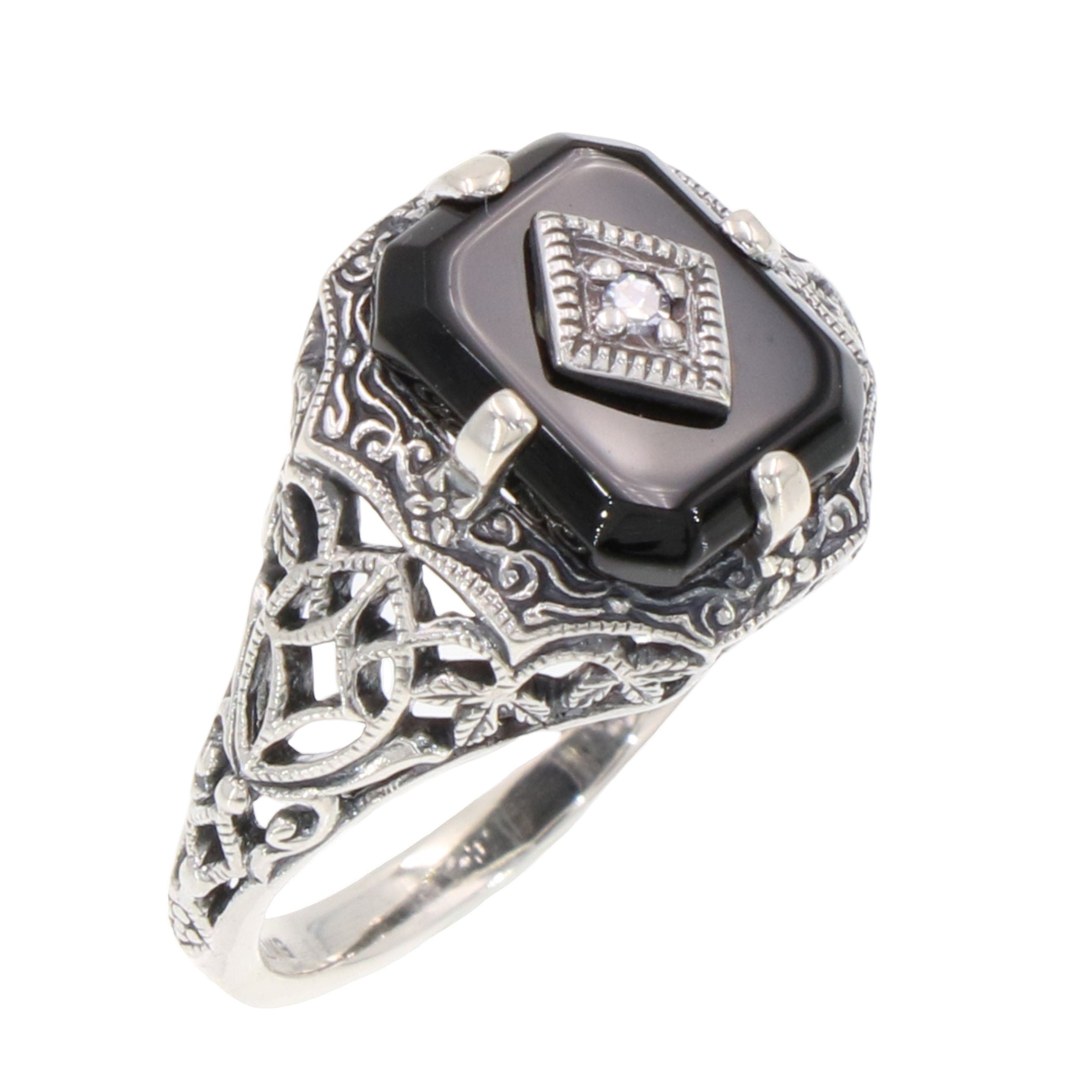 Art Deco style, Diamond, Black Onyx, sterling silver rings, front view