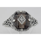 Detail view of Antique Victorian Style Smoky Topaz Filigree Diamond Ring Sterling Silver highlighting Smoky Topaz, Diamond