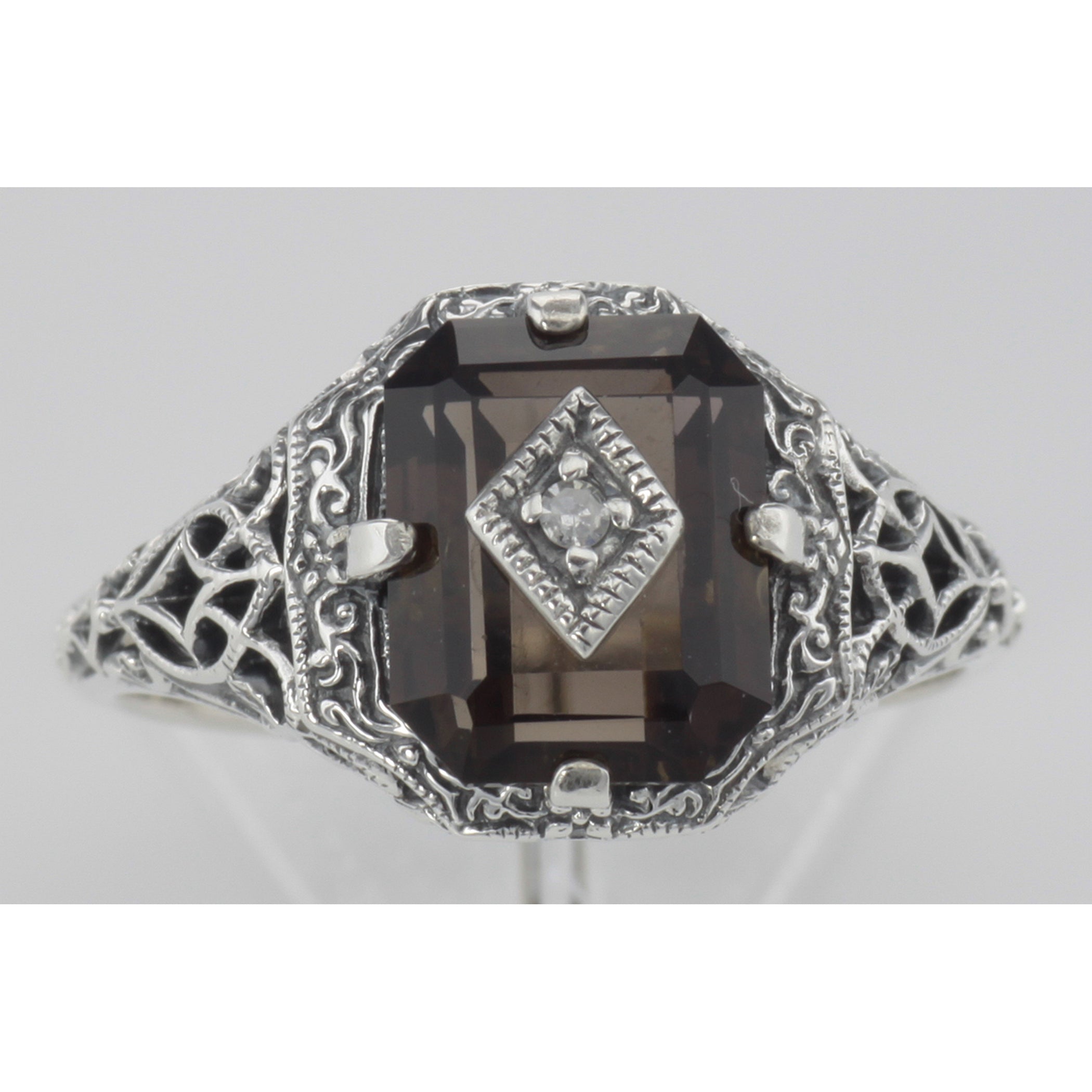 Detail view of Antique Victorian Style Smoky Topaz Filigree Diamond Ring Sterling Silver highlighting Smoky Topaz, Diamond
