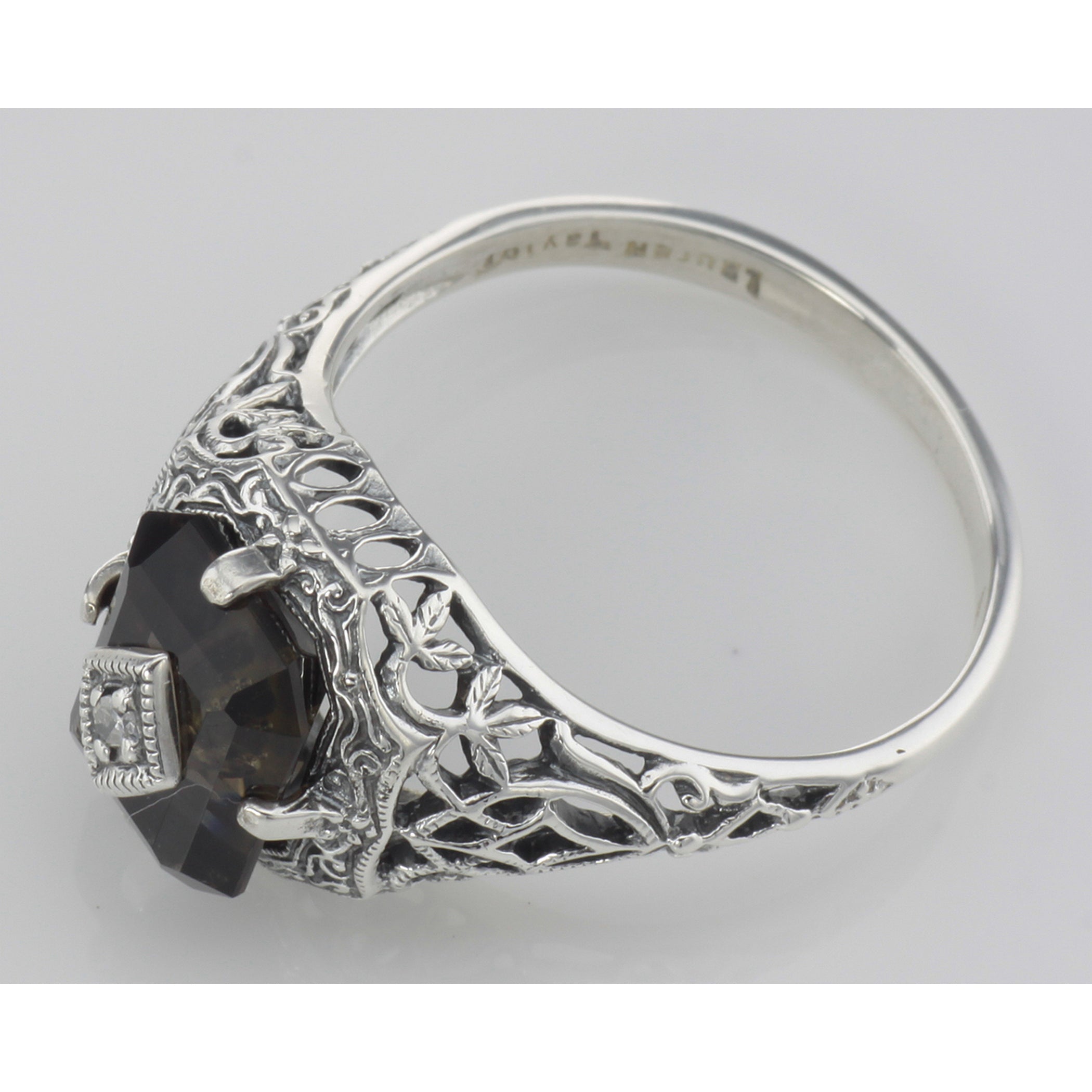 Back view of Antique Victorian Style Smoky Topaz Filigree Diamond Ring Sterling Silver showing 925 sterling silver hallmark