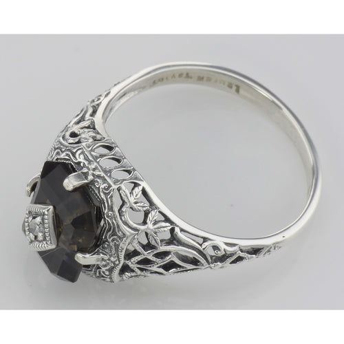 Back view of Antique Victorian Style Smoky Topaz Filigree Diamond Ring Sterling Silver showing 925 sterling silver hallmark