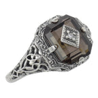Victorian style, Smoky Topaz, Diamond, sterling silver rings, front view