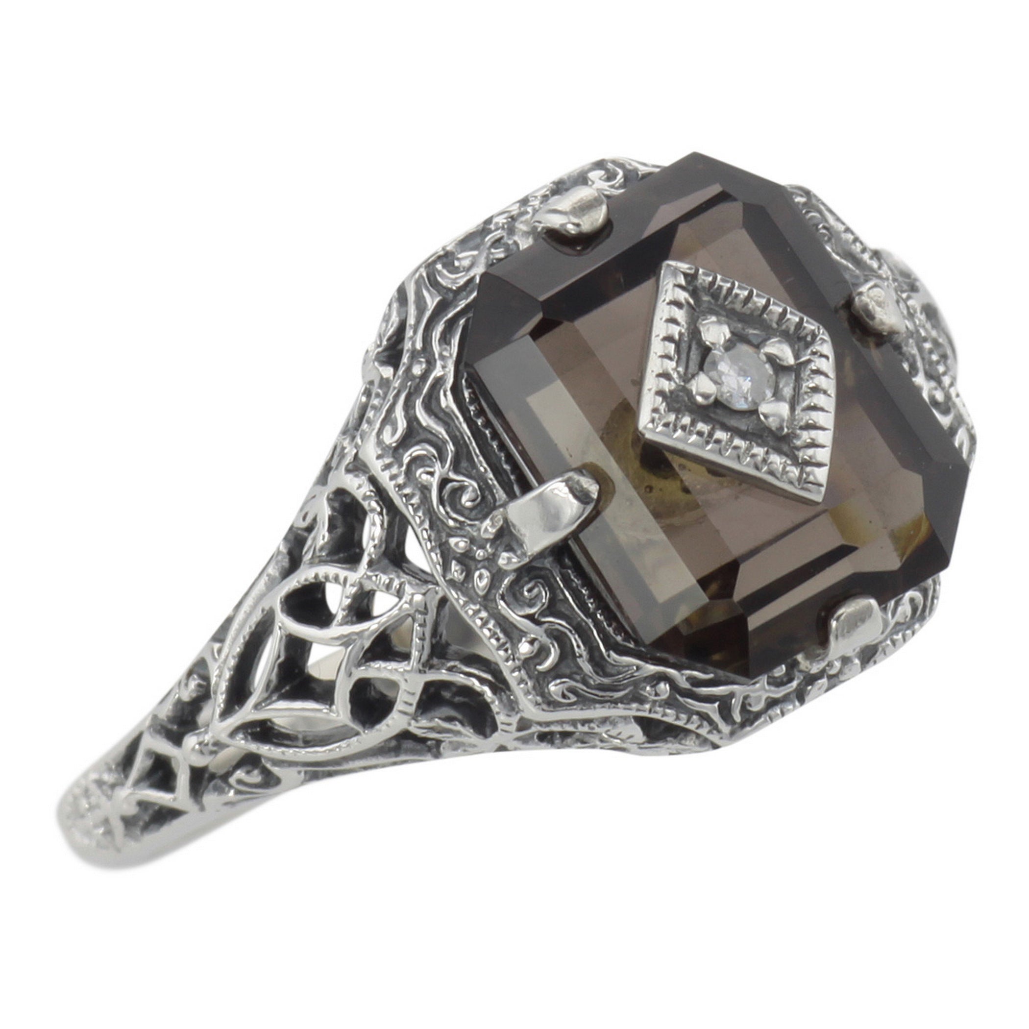 Victorian style, Smoky Topaz, Diamond, sterling silver rings, front view